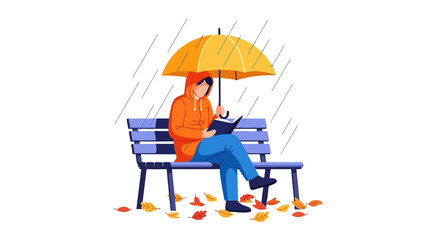 A person in an orange hoodie reads a book under a yellow umbrella on a park bench during autumn rain.