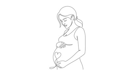 Elegant continuous line art of a pregnant woman with closed eyes, gently cradling her belly with a heart shape