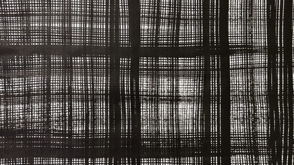 Overlapping checkered pattern with depth and three-dimensionality, Ink painting of a checkered pattern, Check pattern lines with ink brush strokes, Monochromatic, Banner size