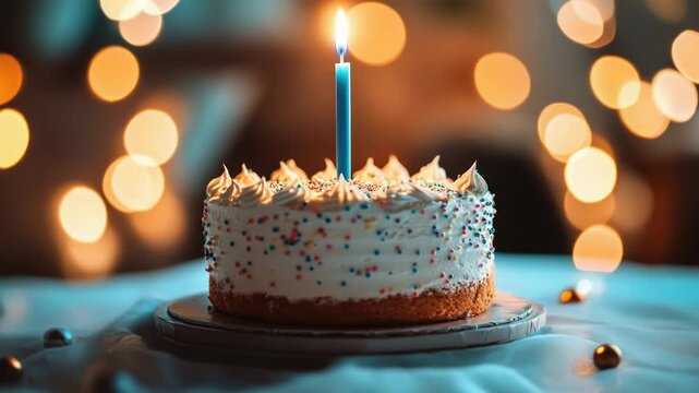 Video A classic birthday cake with a single lit candle on top, perfect for celebrating special occasions