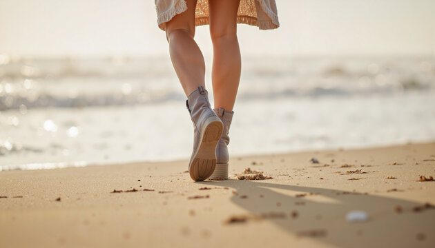Woman walking on beach at sunset - Powered by Adobe