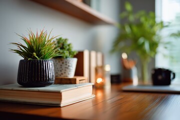Minimal Empty Desk Surface with clean lines, open negative space, subtle decor, bright modern atmosphere, multiple angle variations emphasizing the tabletop texture, edges, and spacious composition in