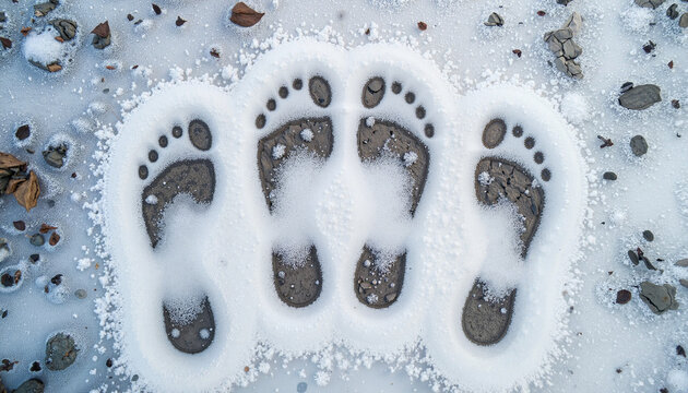 Footprints in sand surrounded by white salt and pebbles