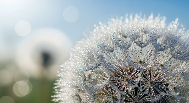 Glowing dandelion seedhead with dew drops glistening in morning sunlight spring bloom