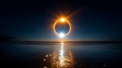 Sonnenfinsternis über dunklem Ozean mit Lichtreflexion