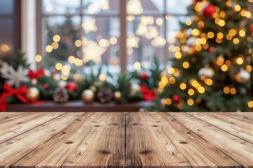 Wood table empty blank clean template with Christmas decorate blur bokeh background for design mockup