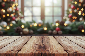 Wood table empty blank clean template with Christmas decorate blur bokeh background for design mockup