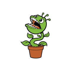 Cartoon Green Carnivorous Potted Plant Creature With Teeth.