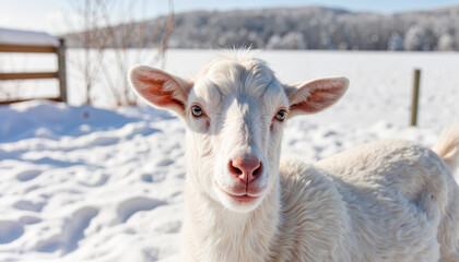 White goat in the snow on a winter landscape
