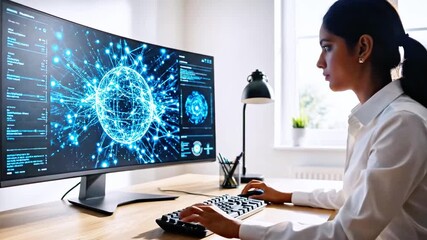 A woman works at a desk, a large screen displays a data visualization - Powered by Adobe