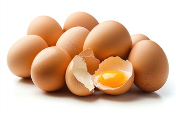A group of brown eggs scattered on a white surface, with one egg cracked open to reveal a yellow yolk.