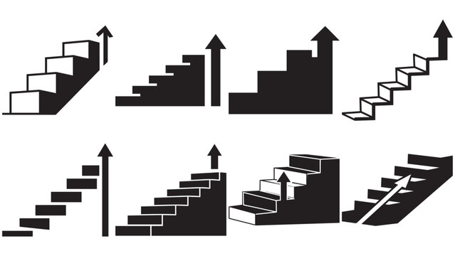 Geometric stair steps with arrow up &mdash; stepwise growth icon for progression, scaling strategy and measurable business advancement