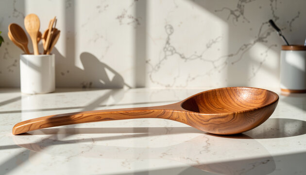 Wooden spoon on a light kitchen countertop
