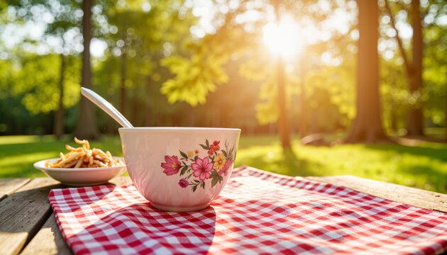 Bowl of food on checkered tablecloth in sunny outdoor setting