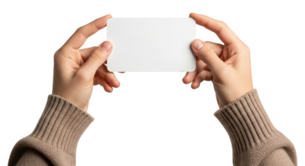 Human Hands Holding White Paper Card Isolated for Design Mockup, Cut Out, Clipping Path, Isolated on a Transparent PNG Background.