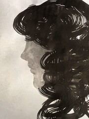 Sumi-e ink drawing of a person's profile, silhouette in profile, hand-drawn portrait, monochrome banner-size illustration, Sumi-e ink drawing of a curly-haired woman's illustration