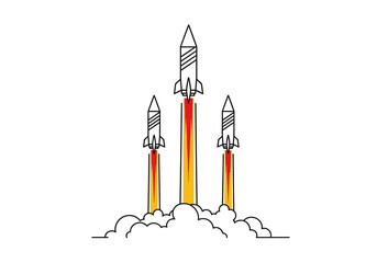 Three Rockets Launching with Flames and Smoke in a Line Art Style
