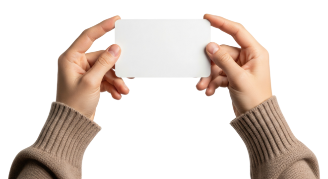 Human Hands Holding White Paper Card Isolated for Design Mockup, Cut Out, Clipping Path, Isolated on a Transparent PNG Background.