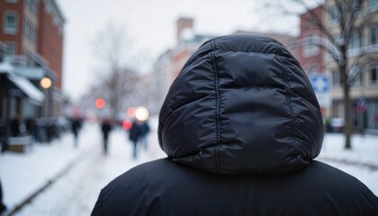 Person in black coat walking in snowy urban street