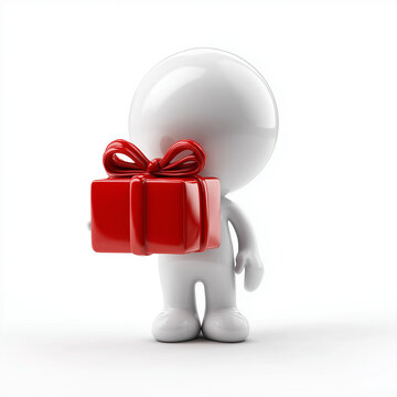 Wei&szlig;e 3D-Figur h&auml;lt rotes Geschenk mit Schleife