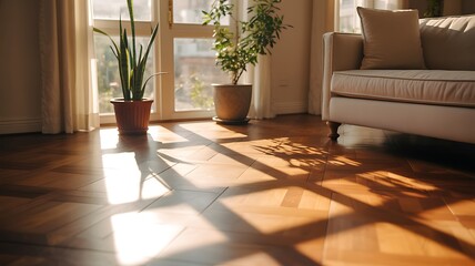 Warm sunlight streaming into modern home illuminating hardwood floor and plants