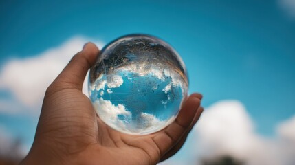 sardonyx. Abstract globe against blue sky with clouds, travel and inspiration concept. tourism brochures, itinerary planners, designed for travel destination branding, used by hospitality managers.