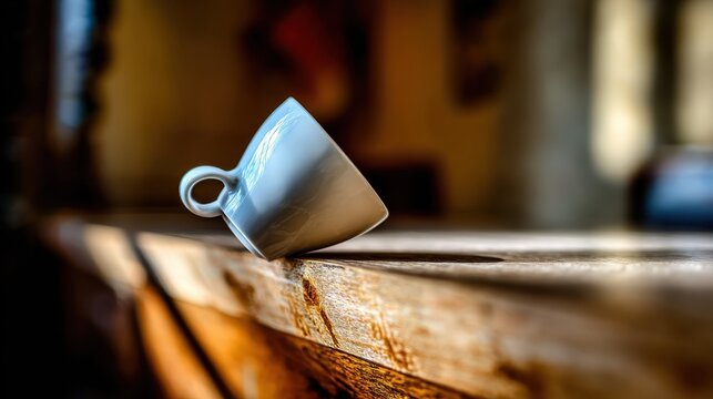 garroted. A tilted teacup on a table edge, tea nearly spilling in the morning light. bar promotions, beverage menus, designed for product packaging and bar promotions, enhances appetite appeal.
