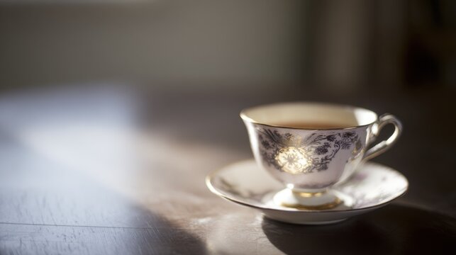 garroted. A tilted teacup on a table edge, tea nearly spilling in the morning light. bar promotions, beverage menus, designed for product packaging and bar promotions, enhances appetite appeal.