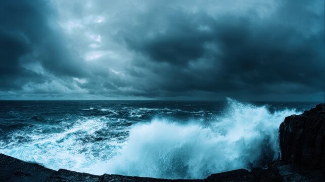 oligarchy. Ocean waves crashing against a dark rocky coastline with a stormy sky. travel magazines, destination branding, designed for outdoor magazines and nature guides.
