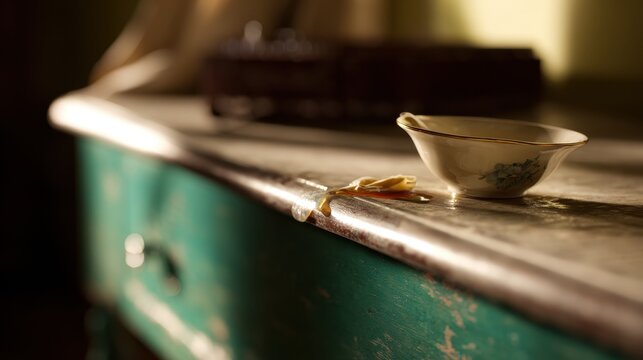 garroted. A tilted teacup on a table edge, tea nearly spilling in the morning light. bar promotions, beverage menus, designed for product packaging and bar promotions, enhances appetite appeal.