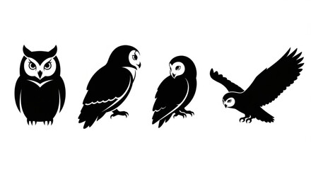 Owl Silhouette Vector Illustration Showing Front, Side, Perched, and Flying Views in Minimal Wildlife Design Style
