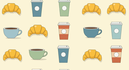 Seamless pattern of coffee cups and croissants