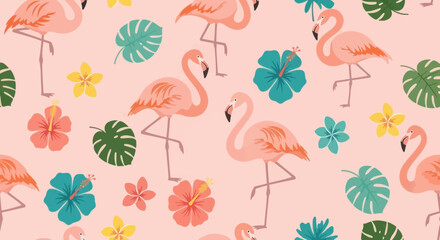 Seamless pattern of pink flamingos and tropical flowers on a pink background.