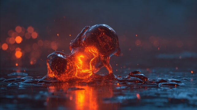 submicroscopic. A single, complex, glowing molecule emerges from a dark, primordial aqueous solution, symbolizing the spark of life. STEM education sheets.