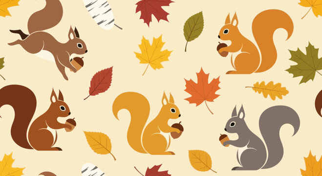 Seamless pattern of cute squirrels and autumn leaves