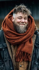 A man with a full beard and messy curly hair smiles warmly while wearing a large, textured orange scarf and a dark winter jacket with a shearling lining.