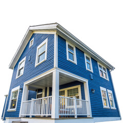 Obraz premium Blue Wooden Two Story House with White Trim and Porch on a Transparent Background Ideal for Architectural Visualization and Design Projects