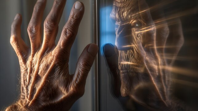 An old hand touches glass, revealing a scary alien reflection. Mysterious, cinematic mood for sci-fi, horror, or psychological concepts. Great for posters, book covers, or digital art. - Powered by Adobe