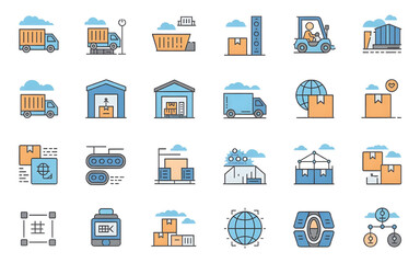 This vector icon set features 25 editable stroke outline icons related to logistics, shipping, warehousing, delivery services, and global transportation management.