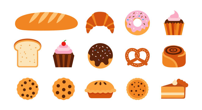 Assortment of baked goods on white background for culinary and design projects