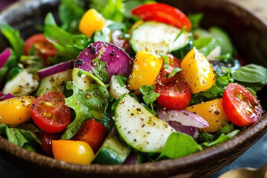 A vibrant salad with a variety of fresh vegetables, including red and yellow bell peppers, cherry tomatoes, and leafy greens, served in a rustic wooden bowl. - Powered by Adobe