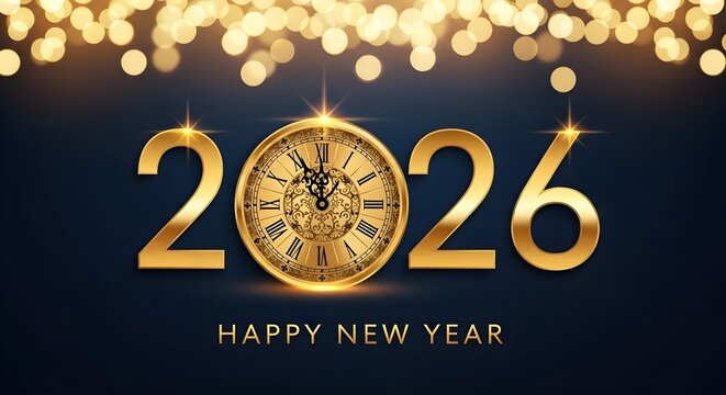Golden 2026 new year celebration with clock and bokeh lights background