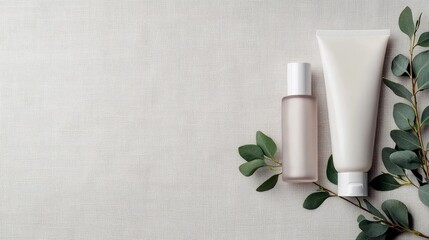 Two white cosmetic containers, a bottle and a tube, are arranged with fresh eucalyptus branches on a neutral, textured surface.