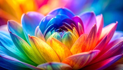 Close-up cinematic shot of a blooming flower with delicate petals unfolding, rainbow colors, vibrant nature, macro photography, soft lighting, beauty, growth, floral detail, colorful bloom.