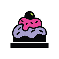 Illustrated cupcake with layered colorful frosting and cherry.