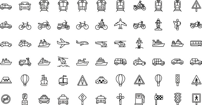 Transportation, vehicle icon set. Vector glyph pictograms of travel, logistics, public transit concepts, car, train, bus, bicycle, boat, and airplane black silhouette illustration