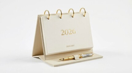 A contemporary calendar with gold accents and a pen.