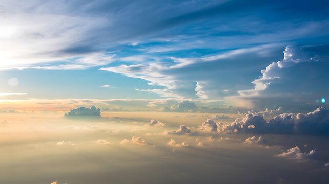 Aerial view of clouds at sunrise creating ethereal golden landscape