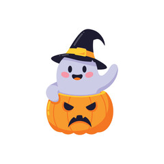 Cute Ghost Wearing Witch Hat Inside Jack O Lantern.