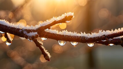 Frosty tree branch with melting ice droplets in golden sunlight